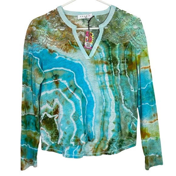 Sandro Tie Dye Shirt Womens Size Small 1 Tee Top Blouse Blue Linen Lace Paris - Picture 1 of 15